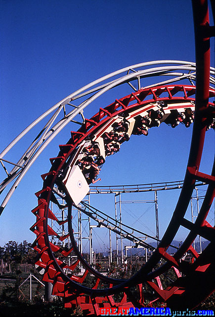 red corkscrew
Santa Clara, CA
For the 1979 season in Gurnee, the corkscrew track of the [i]Turn of the Century[/i] roller coaster was painted red. The rest of the coaster's structure remained its original color. A similar color change was applied to the corkscrew at Santa Clara, probably also for the 1979 season.
