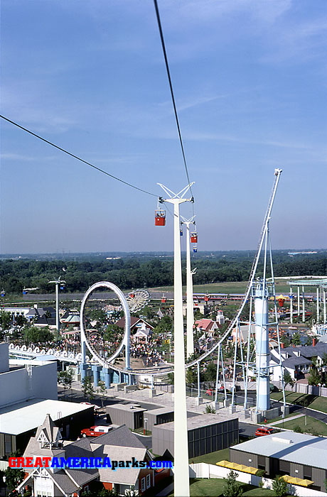 Tidal Wave
Gurnee, IL -- 1979
On the return trip to Orleans Place, the Southern Cross passes over the [i]Tidal Wave[/i] roller coaster a second time.
Keywords: Gurnee