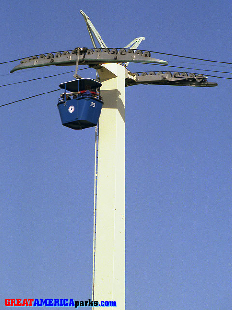 detail of tower number five
Gurnee, IL -- 1980
Cabin number twenty-eight passes over tower number five as it is about to descend to the south end of the Southern Cross.
Keywords: Gurnee