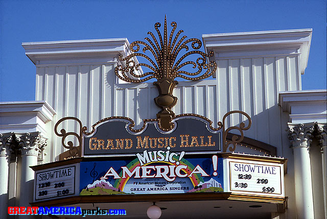 Music! America!
This is the marquee of the Grand Music Hall while "Music! America!" was playing. This is probably the Gurnee park because of the American Motors Corporation sponsorship.
