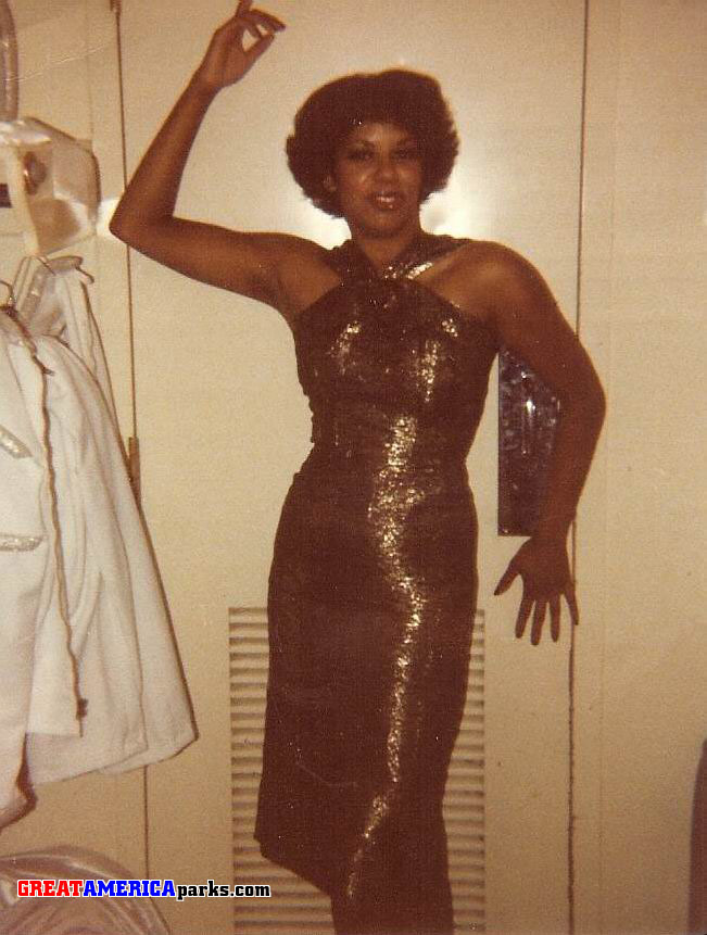 Glamour Photo
Many times we would dress-up backstage and recreate scenes from our favorite movies.  Here Donna Miller (original Great America Singer 76 - 80)  "Strikes A Pose" long before Madonna made it famous!!!!!!

This is in the dressing room - between performances of Silver Screen

