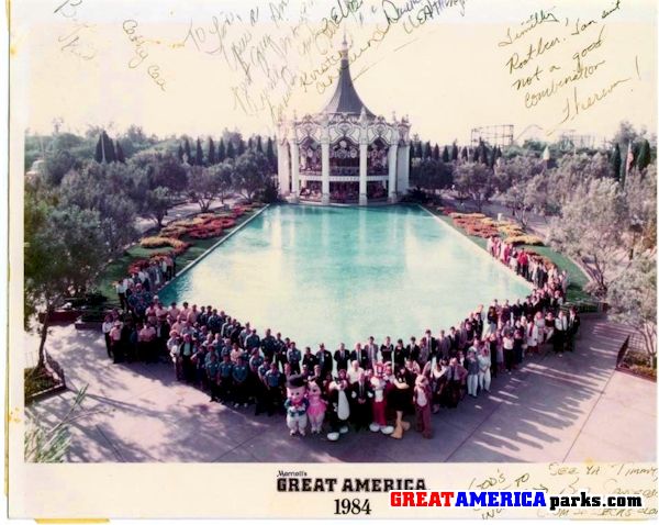 MGA Last Year Group 1984
1984 Marriott Group Shot of Full Time and Management Employees Santa Clara.
Center is GM Jim Morrow (If I remember Correctly). 
Sorry it's my signed version and a bit faded. 
I am on the right side in a red jacket next to Theresa about where the grass starts on the water side :)  The photo was taken as the park looked to be sold by Marriott.
