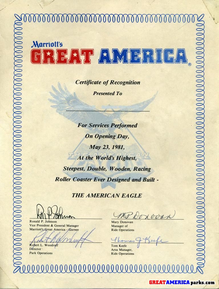Certificate of recognition
These were presented to everyone involved in building the American Eagle 
