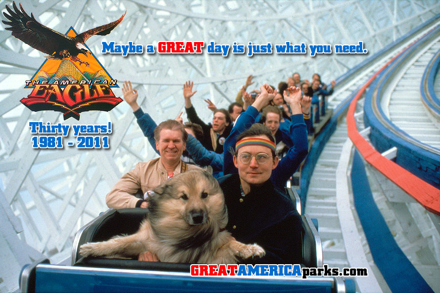 American Eagle thirtieth anniversary featuring Joe Barna and dog Zonker riding the roller coaster