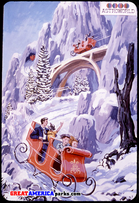 Alpine Sleigh Ride
fanciful concept art of the Alpine Sleigh Ride, a one-of-a-kind ride adventure from Arrow Development (later Arrow Dynamics)
