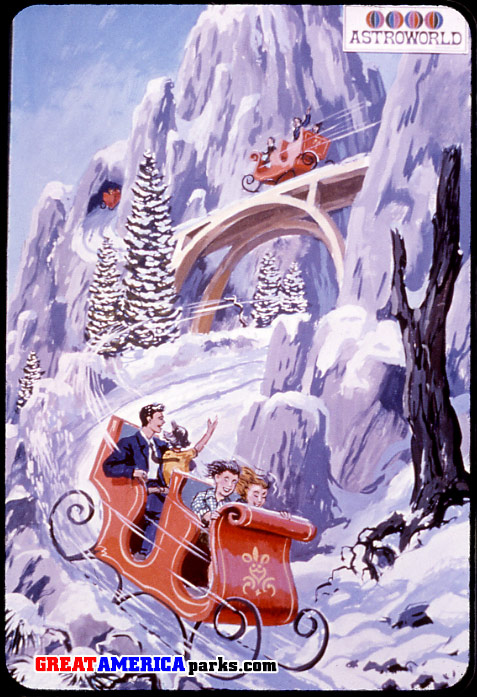 Alpine Sleigh Ride
fanciful concept art of the Alpine Sleigh Ride, a one-of-a-kind ride adventure from Arrow Development (later Arrow Dynamics)
