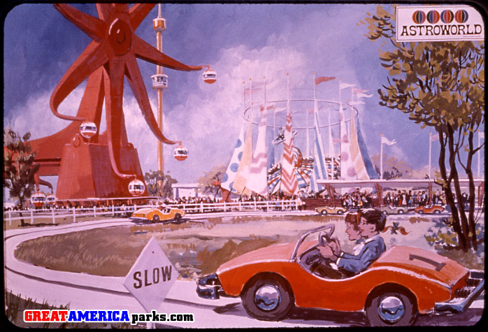Spinout
concept art of the Spinout sports car ride by Arrow Development (later Arrow Dynamics); also seen is the Astrowheel, a first-of-its-kind double Ferris wheel
