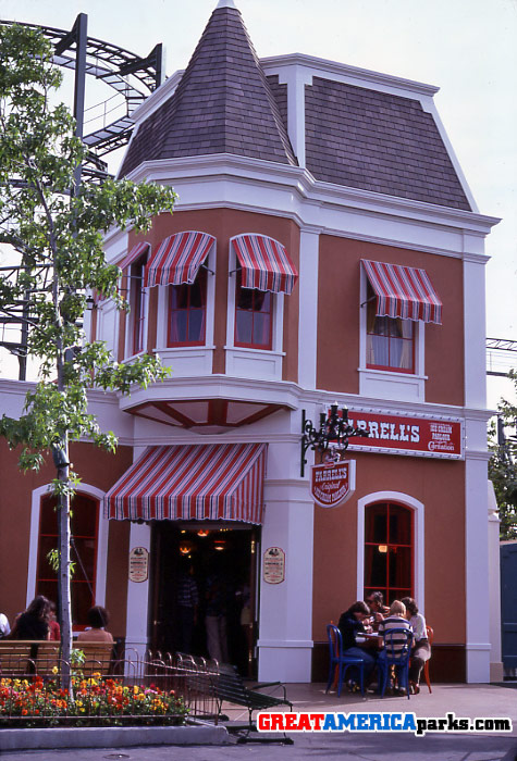 Farrell's Ice Cream Parlour -- Hometown Square
The Farrell's name was added to this ice cream outlet as part of an effort to give more exposure to other Marriott brands in the park.  This was a Farrell's in name only.  It did not resemble the regular Farrell's Ice Cream Parlours.

The Carnation Ice Cream sponsor indicates that this is Santa Clara.
