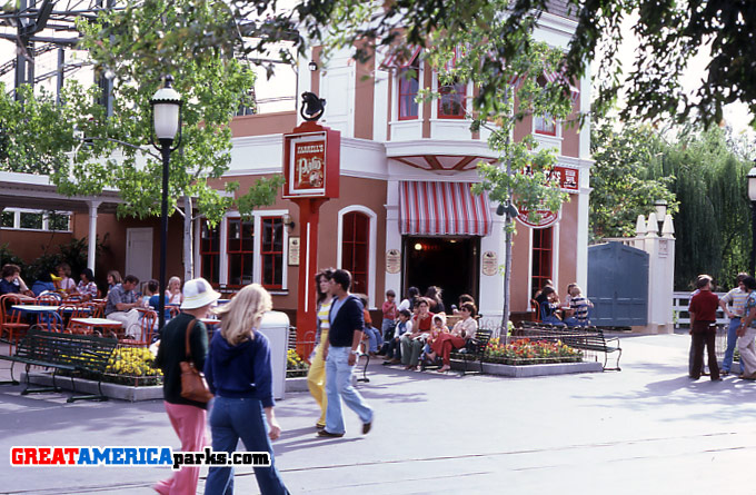 Farrell's Ice Cream Parlour -- Hometown Square
The Farrell's name was added to this ice cream outlet as part of an effort to give more exposure to other Marriott brands in the park.  This was a Farrell's in name only.  It did not resemble the regular Farrell's Ice Cream Parlours.

The Carnation Ice Cream sponsor indicates that this is Santa Clara.
