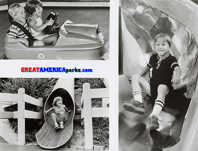 1981 Children's fun
Gurnee, IL

THERE'S SOMETHING SPECIAL FOR KIDS OF ALL AGES at Marriott's Great America. Designed especially for the park's younger guests are Le Bumpe, (upper left), a scaled-down version of the popular bumper cars, and Fort Fun, an acre of fun where youngsters can swoosh down colorful tubes, whiz down slippery slides, bounce on an air-filled trampoline, or bury themselves in thousands of brightly colored plastic balls. Marriott's Great America, located in Gurnee, Illinois, midway between Chicago and Milwaukee on Interstate 94, will open for its sixth season of family fun on Saturday, May 2. The park will then be open weekends only, 10:00 AM to 8:00 PM, through May 17. Daily operation begins May 23rd.
