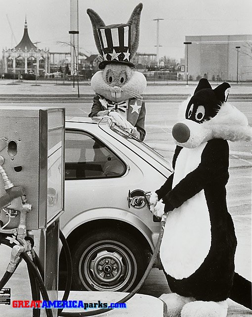 1981 park gas station
Gurnee, IL

"FILL 'ER UP, DOC." -- Bugs Bunny and Sylvester the Cat fuel up at the Great America Gas Station located in the park's main parking concourse. Guests leaving the park can gas up before heading home without having to leave the park grounds. Marriott's Great America is located in Gurnee, Illinois, midway between Chicago and Milwaukee on Interstate 94.
