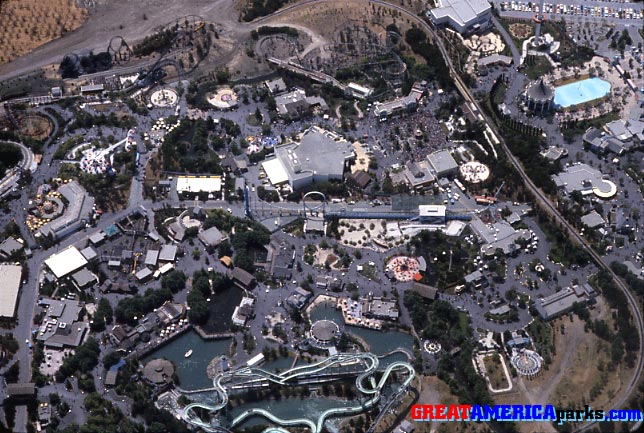 Santa Clara
In this view of the Santa Clara park, you can see in the upper left that the Turn of the Century roller coaster had been converted to the Demon roller coaster. In the lower right you can see the Orleans Orbit just to the right of the rounded rectangular layout of the Gulf Coaster. Absent from this portion of the park is the Traffique Jam antique car ride that was installed in Gurnee only.
