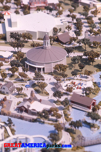 Santa Clara model
The large round building in Yankee Harbor was never built. Does anyone know what it was to be? On the model, it was situated on the site of the [i]Tidal Wave[/i] roller coaster. To the right and forward of the round building is the Lobster ride. To the left of the round building is the famous restroom that stood at the base of the [i]Tidal Wave's[/i] loop. Behind the round building, across the service corridor in Hometown Square is the Grand Music Hall.
