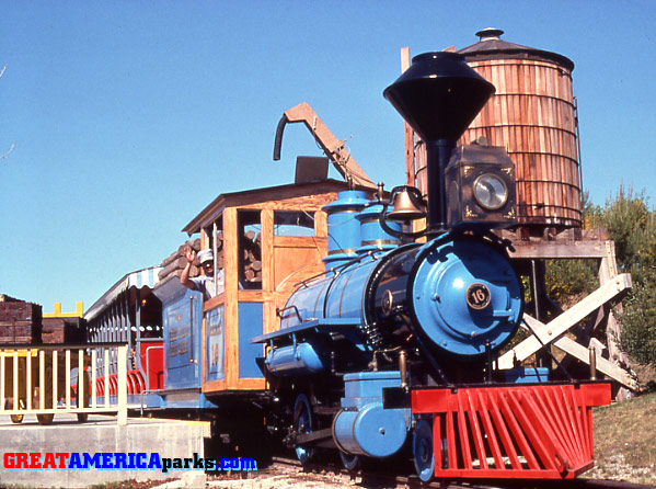 blue engine number 16 at county fair station
Santa Clara, CA
The blue engine number 16 in Santa Clara is seen here with the water tower near the fairgrounds station in County Fair.
