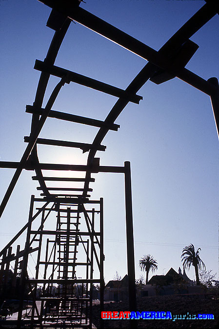 Gulf Coaster under construction
Santa Clara, CA
This is a rare view of the [i]Gulf Coaster[/i] while it was under construction. This shot was taken from below the first curve just beyond the lift hill.
