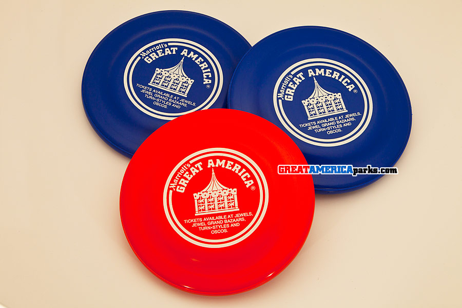 Marriott's GREAT AMERICA discs
These Frisbee-like discs were included in Marriott's GREAT AMERICA Fun Kits distributed through Jewel/Osco retail outlets with the purchase of Marriott's GREAT AMERICA advance tickets. 
Keywords: souvenir promo jewel osco