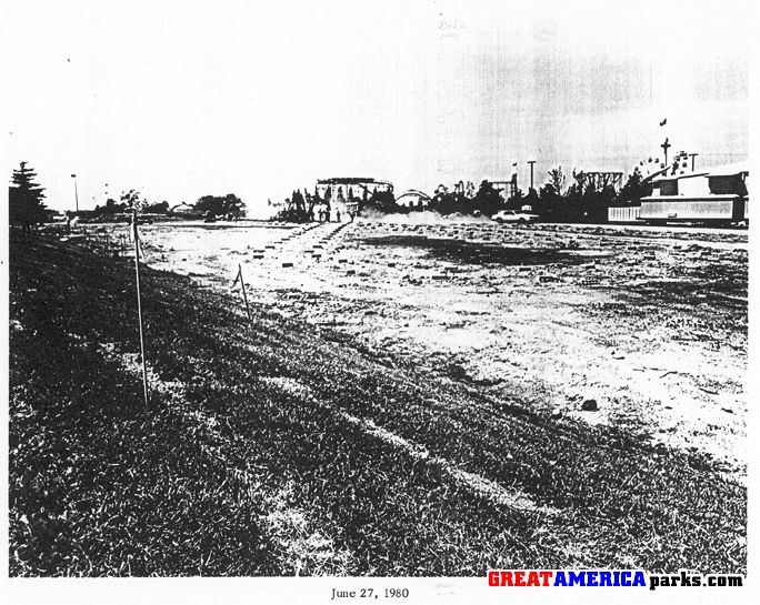 06.27.80
Flags in the foreground mark where (I think) the station is going to be built.  Footings for the ride structure are in the background.  Great America is open in the distance.
