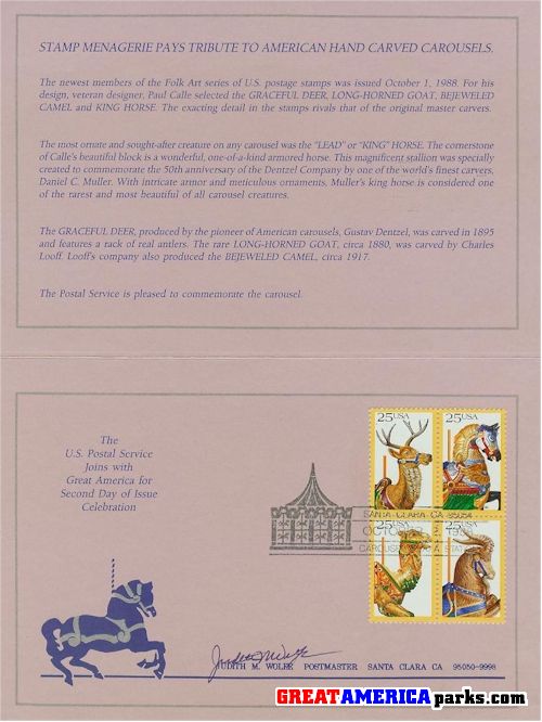 1988 Second Day Cover - Santa Clara
Carousel Stamps. Second Day Issue at Great America Santa Clara.
