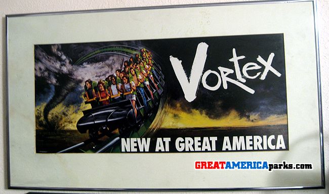 Another original piece of concept art for Vortex at Great America, Santa Clara, CA. The stand-up coaster opened in 1991.
