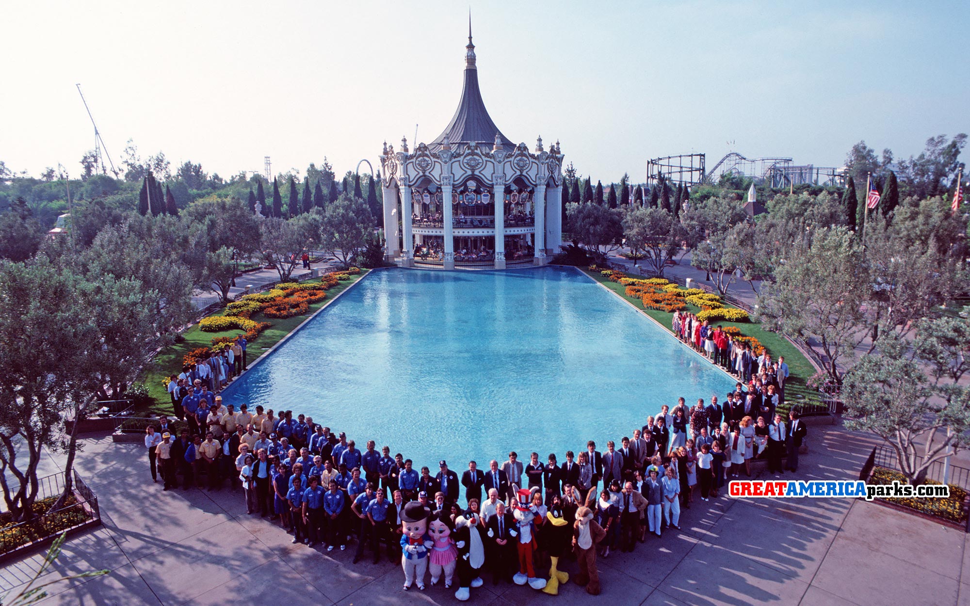 The elegant Carousel Columbia serves as a backdrop for this 1984 portrait of Marriott's Great America charter employees.